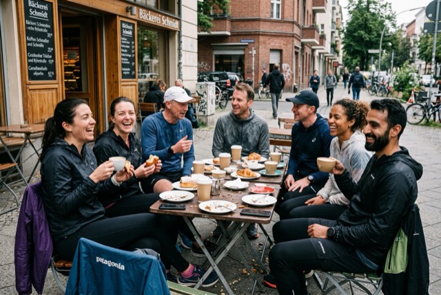 Runners sitting around a small table outside a bakery after a morning run, holding coffee cups and eating pastries