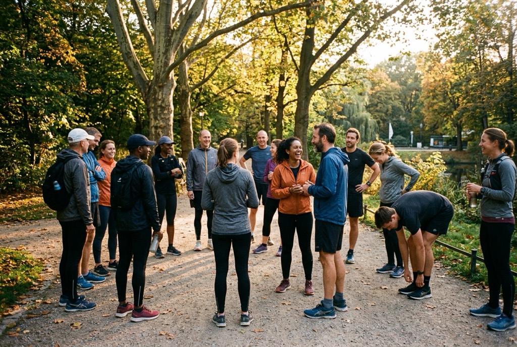 Around fifteen runners of mixed ages standing together on a path in the Tiergarten before an evening run, several of them laughing