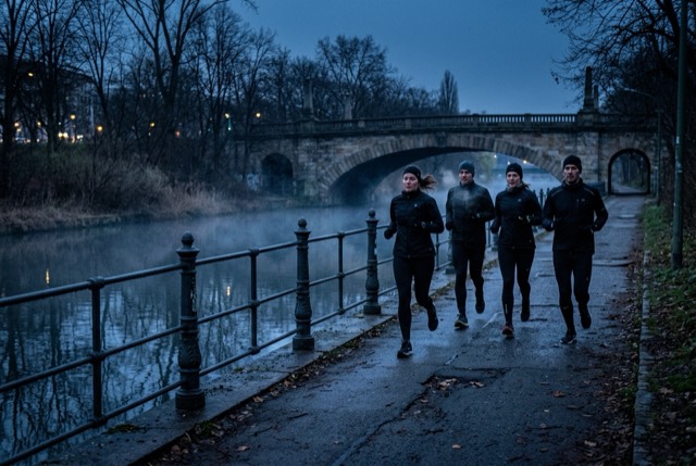 Four runners on the path beside the Landwehrkanal at dawn, mist sitting on the water and a stone bridge behind them